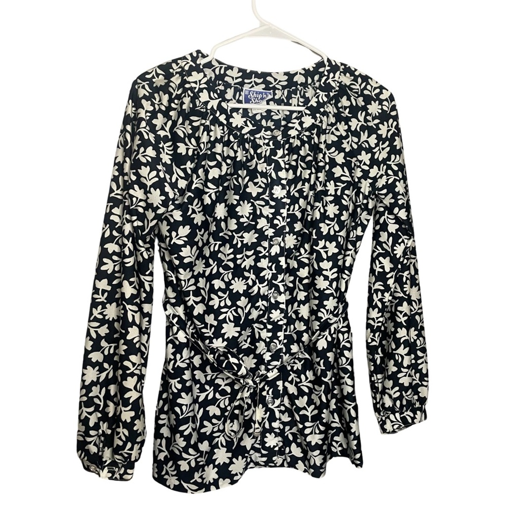 vintage ship n shore blouse 1970’s Tie Waist Button Front Long Sleeve floral